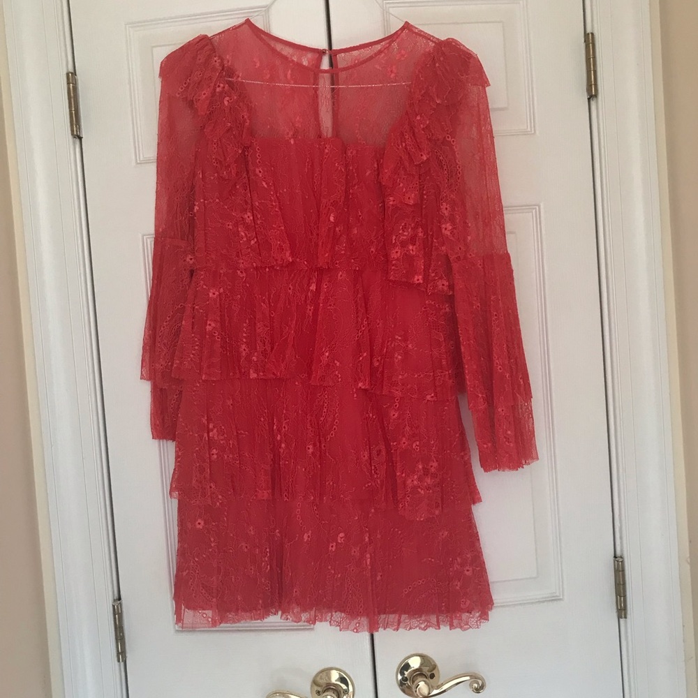 Badgley Mischka Tiered Lace Red Mini Dress, size 2